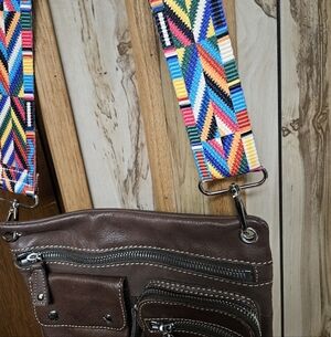 Brown Leather Crossbody Bag with Colorful Geometric Strap And Solid Brown Strap